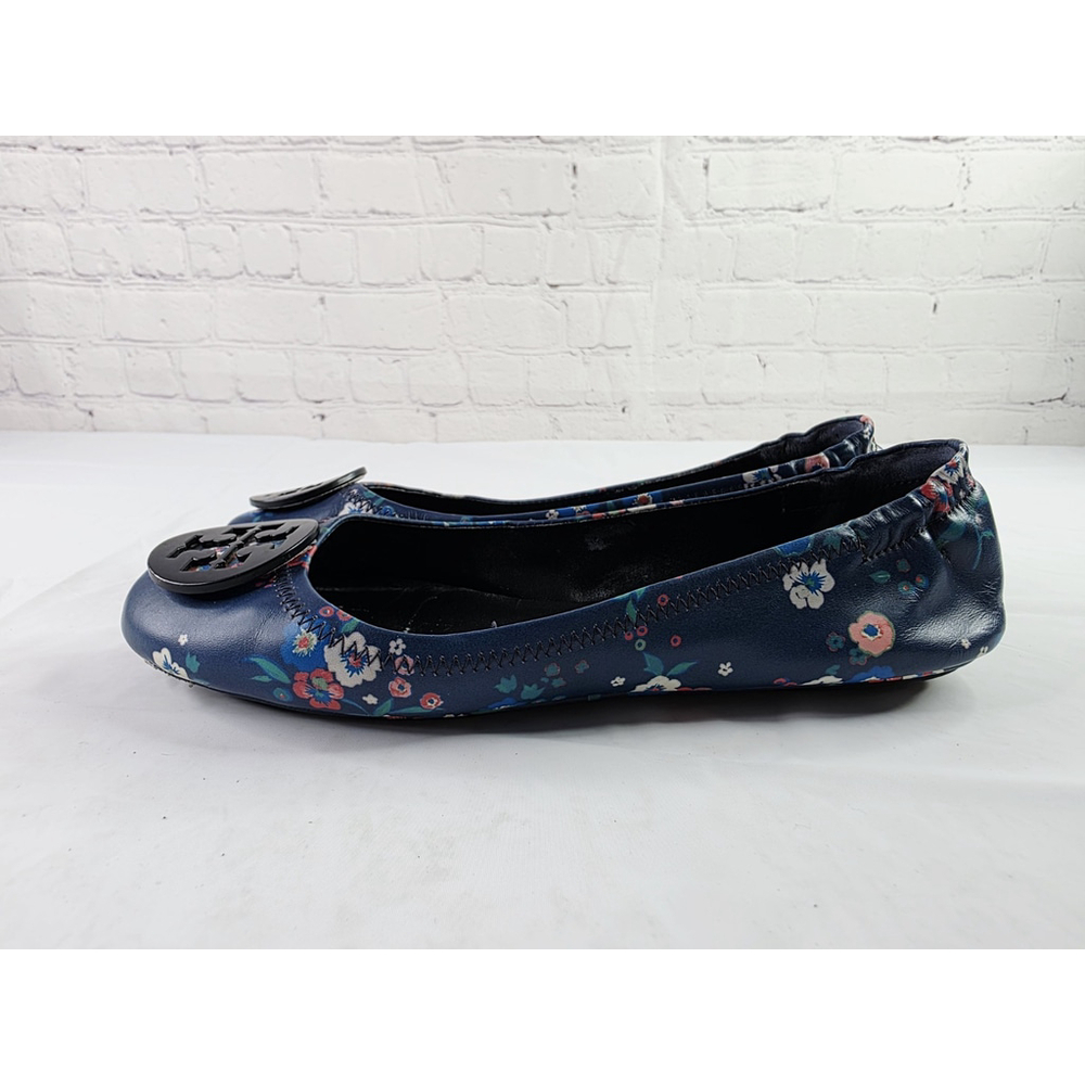 Tory Burch Minnie Travel Ballet Flats Blue Pansy Bouquet Floral Print Size 8.5 - Picture 3 of 7